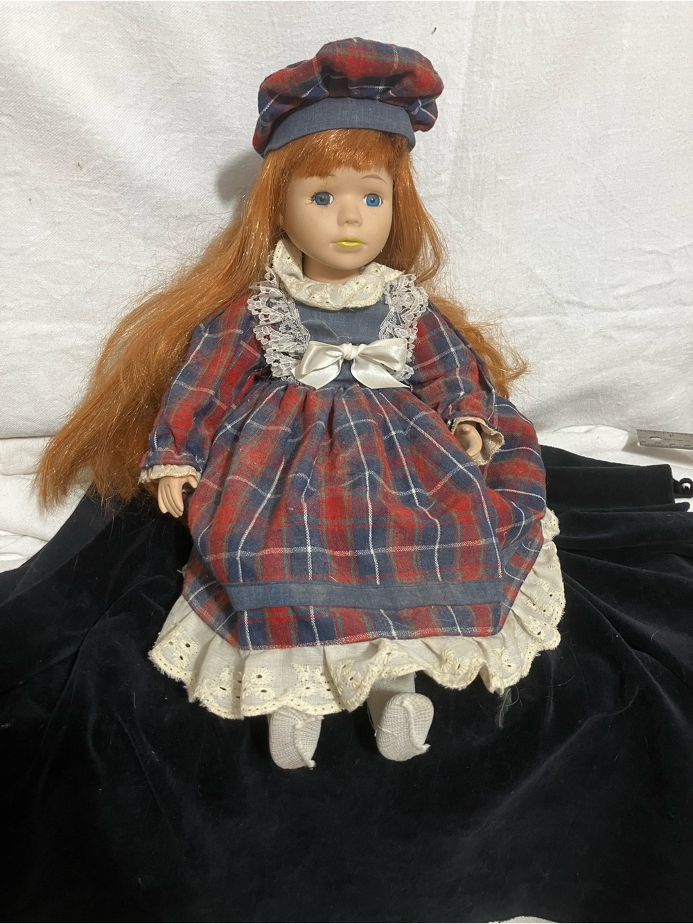 Red Plaid Vintage-Style Girls' Doll with Lace Dress